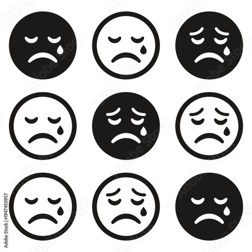 Set of nine sad crying face emoji icons in black and white.