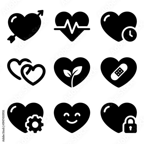 A diverse collection of black heart glyph icons for love and health concepts.
