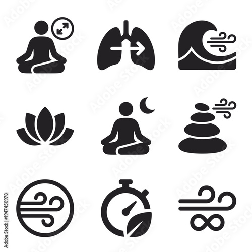 Breathing exercise and meditation solid glyph icons set.