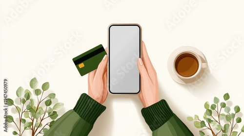 A person holding a smartphone and a credit card, with a cup of coffee and greenery around, suggesting online shopping or digital transactions.