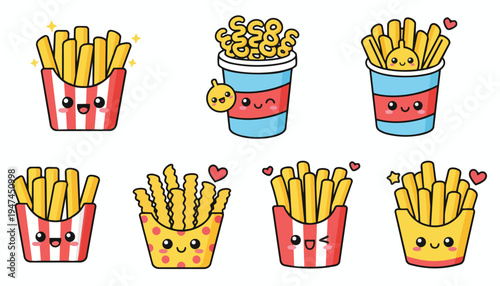 Collection of adorable kawaii-style french fries characters in various cute poses and expressions, presented in colorful paper containers.