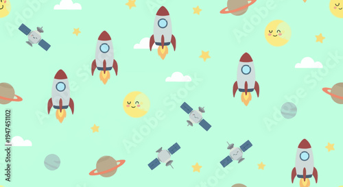 Children's Space Flat Cartoon Seamless Pattern with Rockets, Planets, and Satellites