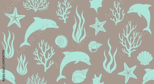 Ocean Marine Life Seamless Pattern: Flat Vector Silhouettes of Dolphins, Starfish, Coral, Seaweed