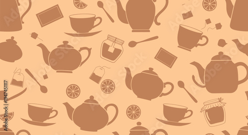 Food  Drink Tea Time Seamless Pattern: Flat Vector with Teapots, Teacups  Beverage Elements