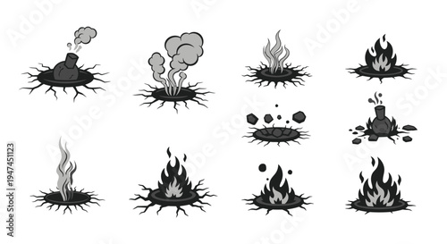 Monochrome Vector Eruption  Hazard Line Art Icons Set: Fire, Smoke, Geyser, Ground Cracks