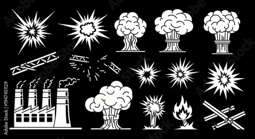 Black White Line Art Vector Icons: War, Disaster  Industry Explosions, Factory, Destruction Set