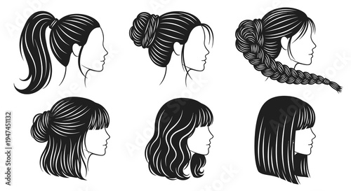 Beauty Industry Female Hairstyles Black  White Line Art Vector Collection