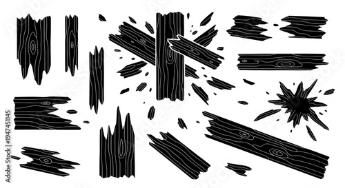 Black  White Line Art Broken Wood Fragments Set for Construction and Renovation Designs