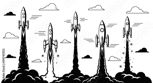 Startup Business Technology Rocket Launch Outline Vector Illustration