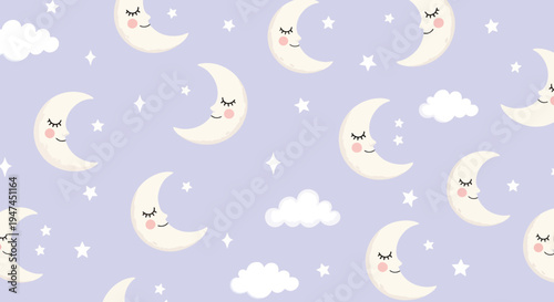 Cute Sleeping Moon Stars and Clouds Vector Pattern for Baby Nursery Design