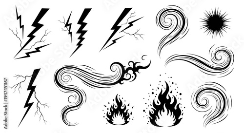 Black  White Vector Glyphs: Elemental Power Icons - Lightning, Fire, Wind, Energy Graphic Set