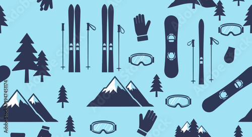 Winter Sports Flat Icon Pattern with Skiing Snowboarding Gear, Mountains, and Pine Trees