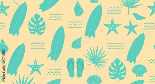 Summer Beach Vacation Seamless Pattern with Flat Silhouette Surfboards and Tropical Leaves