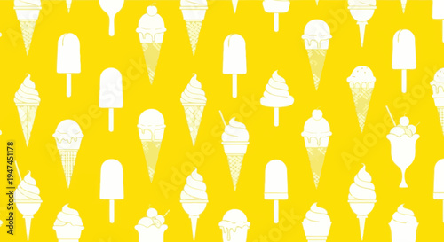 Food Dessert Seamless Pattern with Flat White Ice Cream and Popsicle Icons on Yellow Background