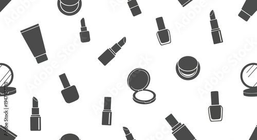 Beauty Cosmetics Makeup Products Seamless Pattern Vector Background. Lipstick, Nail Polish, Powder Icons.