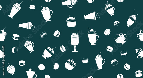 Food  Drink Cafe Seamless Pattern with White Flat Coffee  Dessert Icons