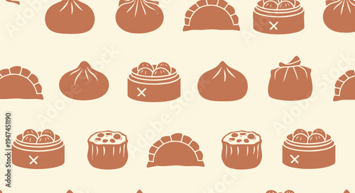 Chinese Dim Sum Dumplings Seamless Pattern Vector Flat Icons. Asian Food Restaurant Menu Background