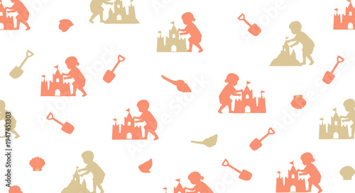 Summer Childhood Play Seamless Pattern with Kids Sandcastles, Shovels  Seashell Silhouettes