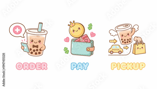 Cute Kawaii illustrations depicting the process of ordering, paying, and picking up bubble tea, with smiling characters and playful elements.