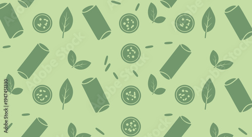 Flat Design Italian Food Pattern: Pasta, Basil Leaves  Vegetable Slices. Seamless Vector.