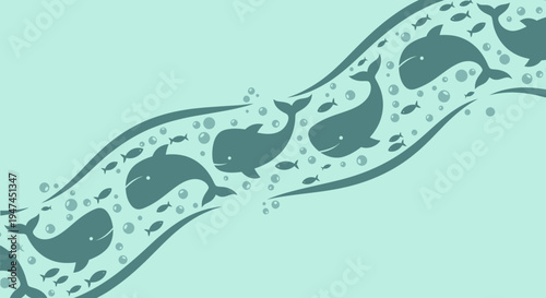 Flat Ocean Marine Life Vector Illustration of Whales, Fish, and Bubbles on Wavy Background