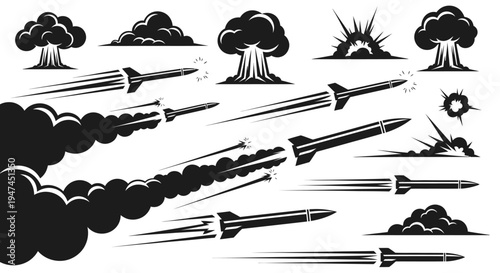 Military War and Conflict Missiles, Nuclear Explosions Black  White Glyph Icon Set