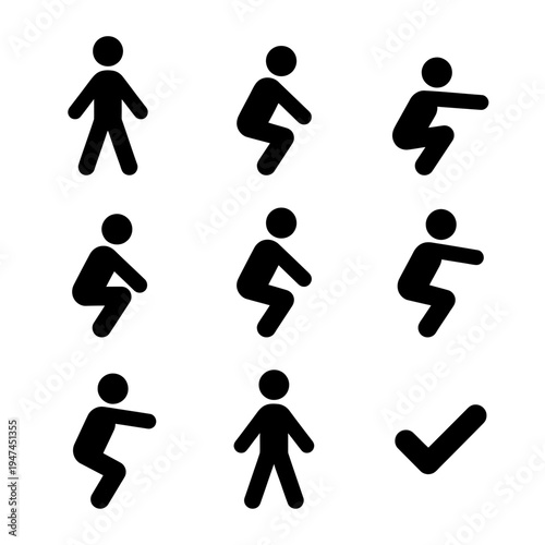 Stick figure icon set showing squat exercise steps and progression.