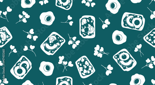 Food  Drink Flat Seamless Pattern with Breakfast Toasts, Fried Eggs  Microgreens Vector