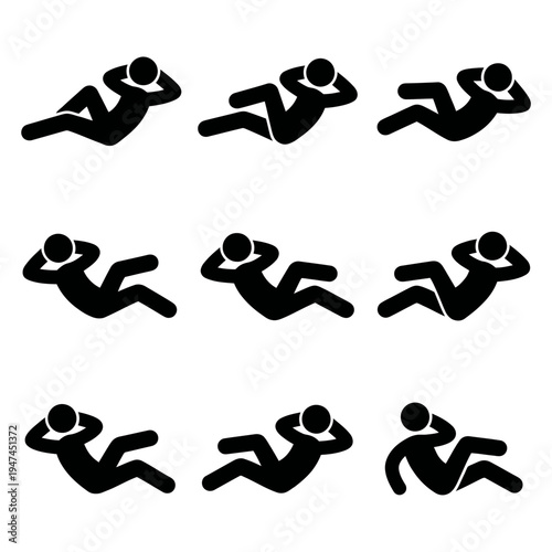Stick figure pictogram icon set showing abdominal crunches exercise.
