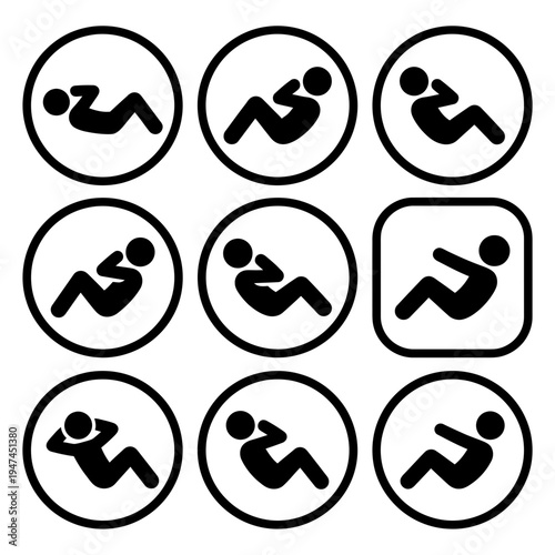 Set of black silhouette icons for sit-ups and crunches exercise.