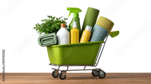 A green shopping cart filled with cleaning supplies, including bottles, cloths, and greenery, set against a bright background.