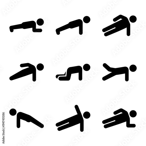 Set of stick figure icons showing various plank exercise poses for fitness training.
