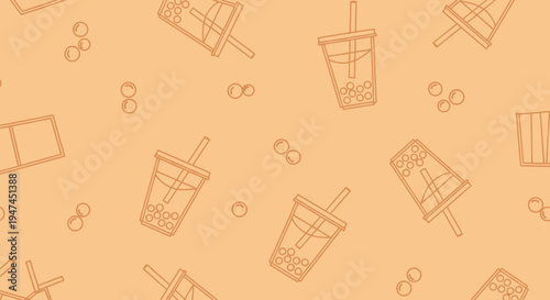 Refreshing Bubble Tea Drinks with Boba Pearls - Food  Beverage Outline Art Seamless Pattern