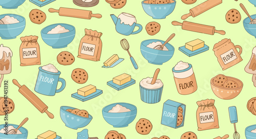 Vector Hand-drawn Baking Food Ingredients and Tools Seamless Pattern in Cartoon Style