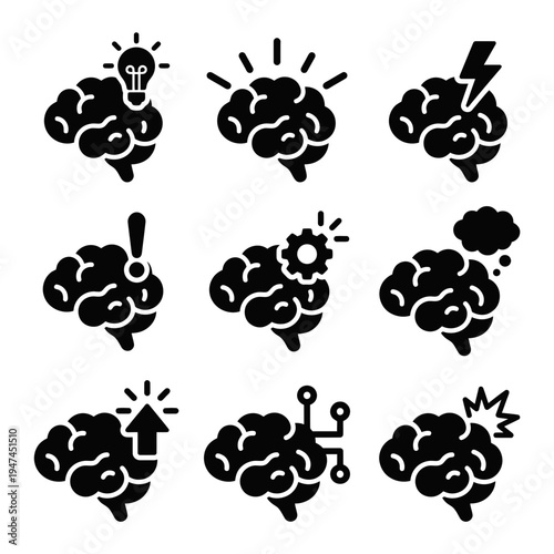 Set of brain icons representing ideas creativity and mental processes.