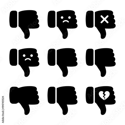 Set of black silhouette thumbs down icons for dislike and disapproval.