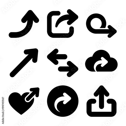 Set of black solid arrow icons for navigation share upload and transfer user interface design.