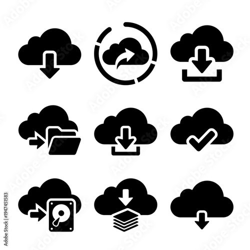 Set of black cloud computing icons for download upload and data storage.
