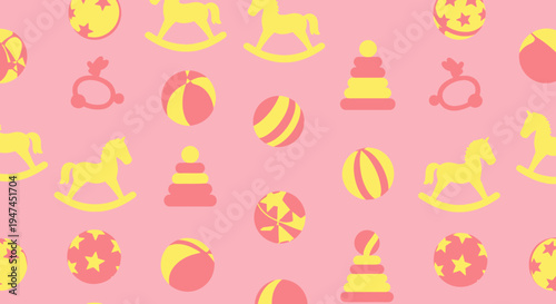 Cute Flat Vector Seamless Pattern of Baby and Children's Toys for Kids Nursery and Play