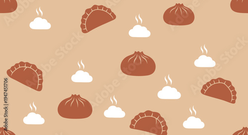 Asian Food Flat Vector Seamless Pattern with Steaming Dumplings and Buns