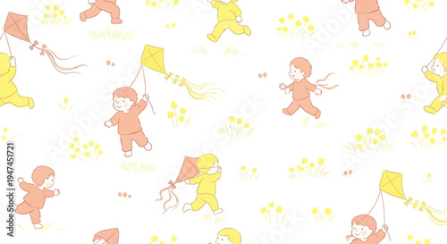 Hand-drawn Seamless Pattern of Cute Cartoon Toddler Kids Playing Kites Outdoors. Childhood Recreation.