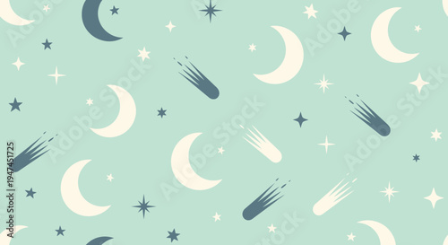 Flat Design Seamless Vector Pattern of Celestial Moons, Stars, and Comets for Night Sky Themes