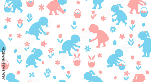 Flat Easter Egg Hunt Seamless Pattern with Silhouette Children, Eggs, Flowers  Baskets