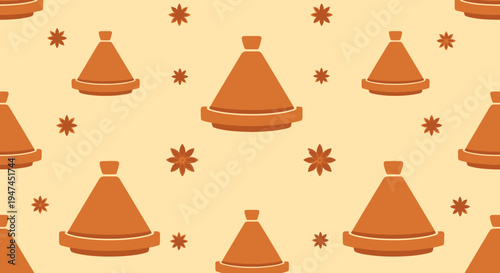 Flat Design Moroccan Food Seamless Pattern with Tagine Cooking Pots and Stars