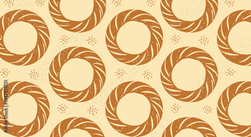 Bakery Food Seamless Pattern Illustration with Braided Bagels and Sesame Seeds