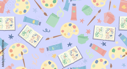 Arts  Crafts Flat Illustration Seamless Pattern with Colorful Painting Supplies  Sketchbooks