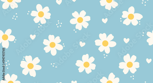 Sweet Daisy and Heart Seamless Pattern. Flat Vector Graphic Design Background