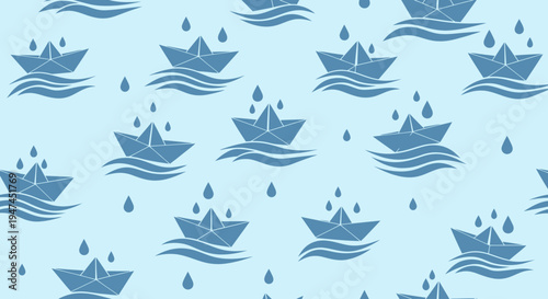 Design Pattern: Flat Vector Seamless Background with Paper Boats, Waves  Raindrops