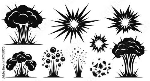 Monochrome Vector Explosion Effects Set: Graphic Design Elements and Danger Symbols