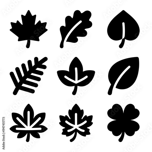 Collection of various tree leaf silhouettes icon set design.